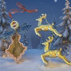 Gold Holiday Ornament Set. Handcrafted Angel with two golden reindeer’s.